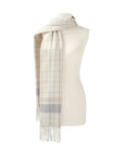 Beige Checkered Accessory with Fringe Trim: A fashionable statement.