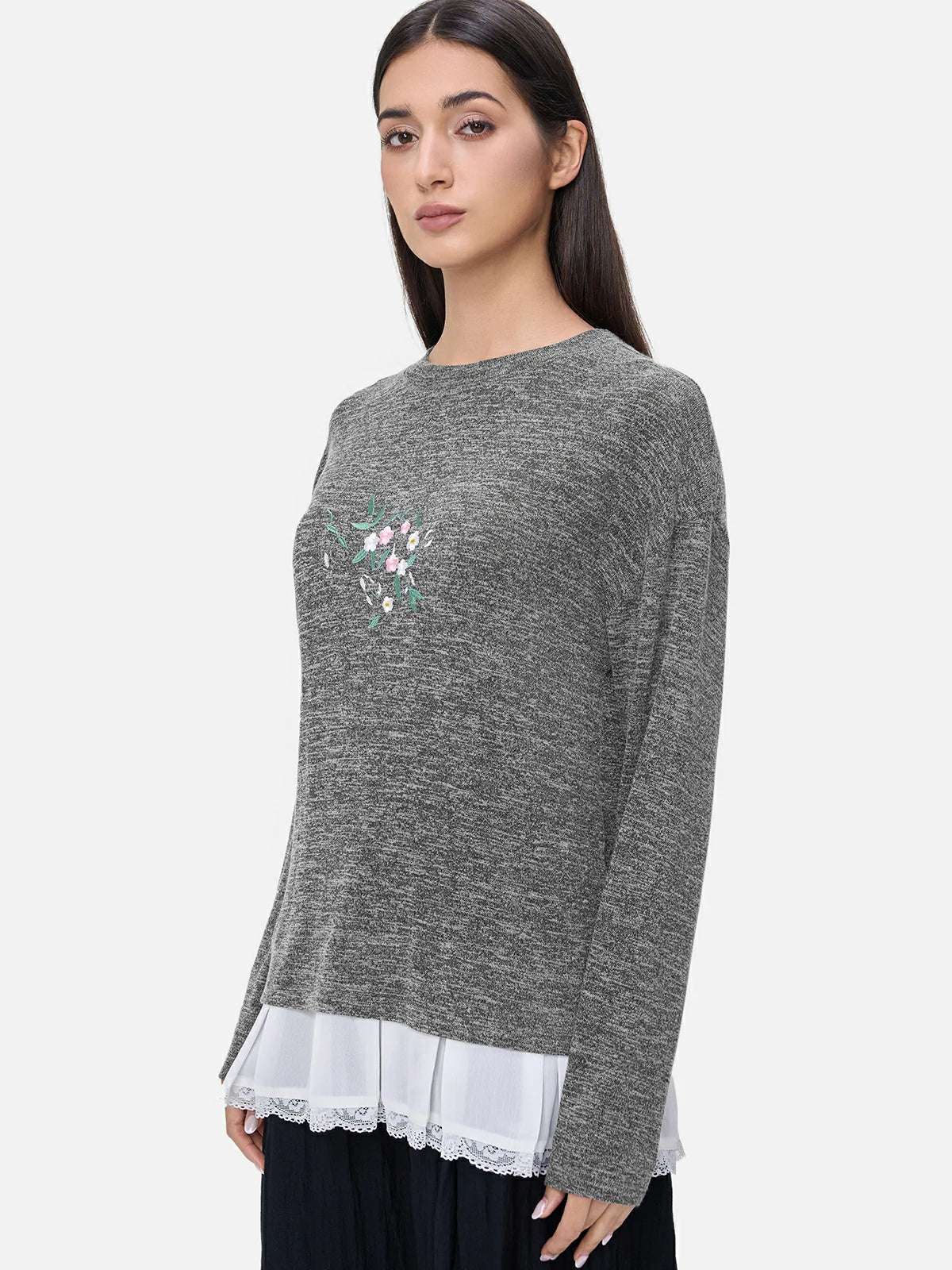 Round Neck Floral Embroidered Sweater