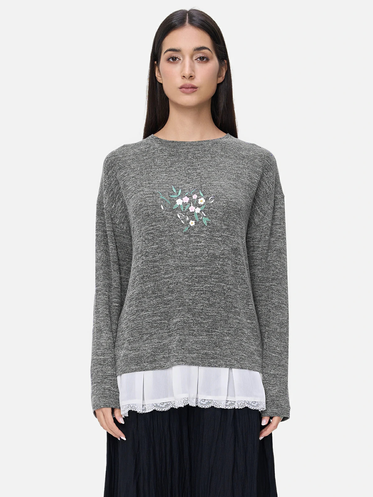 Round Neck Floral Embroidered Sweater