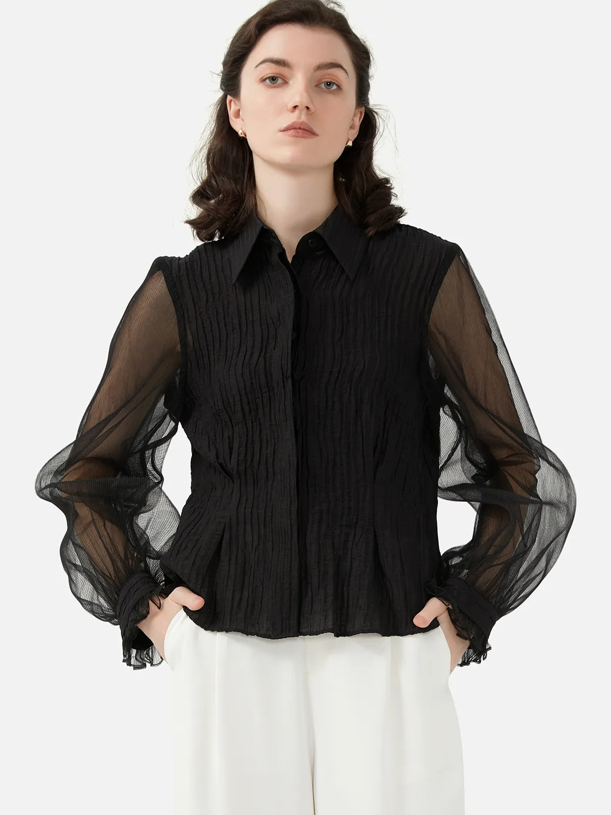 Lapel Texture Mesh Lantern Sleeve Shirt