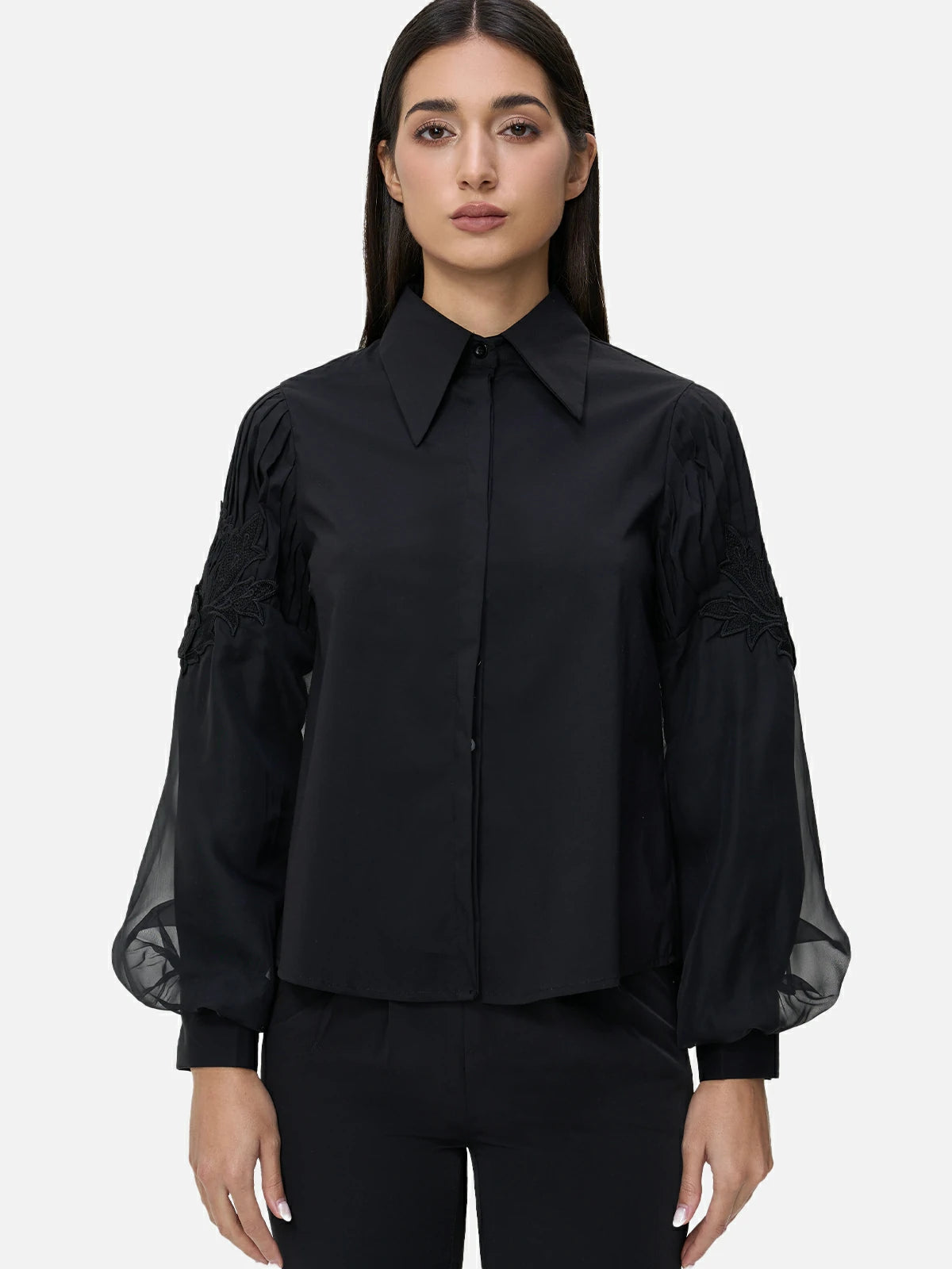 Stylish black shirt with pleated lantern sleeves