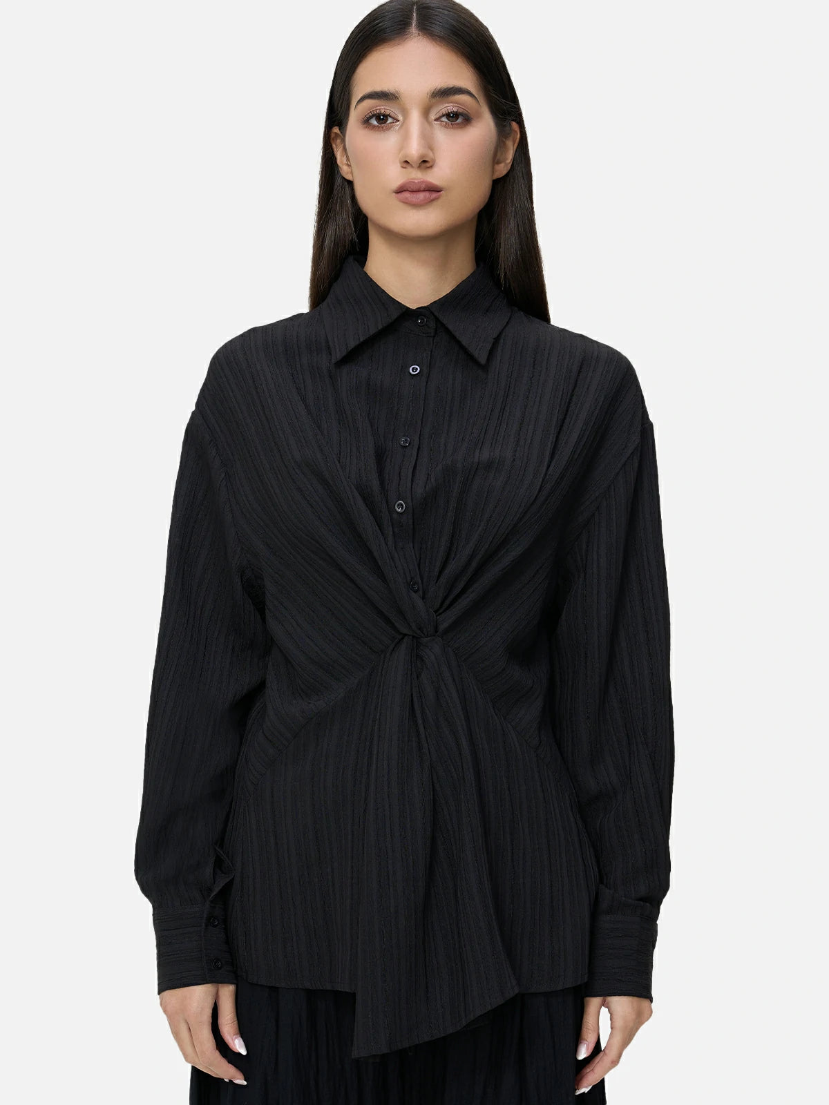 Stylish black shirt with striped and front knot design