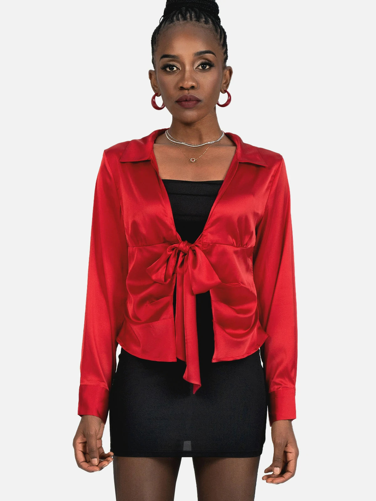 Red satin long-sleeved shirt with lapel and deep V-neck