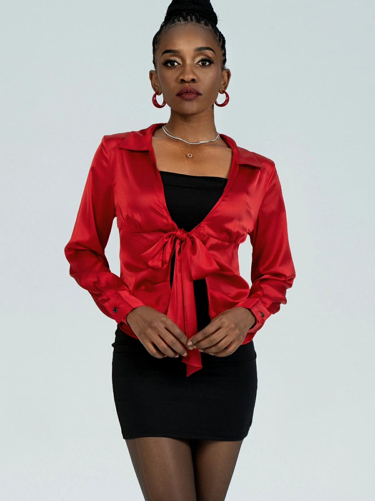 Refined long-sleeved shirt with lapel and deep V-neck features
