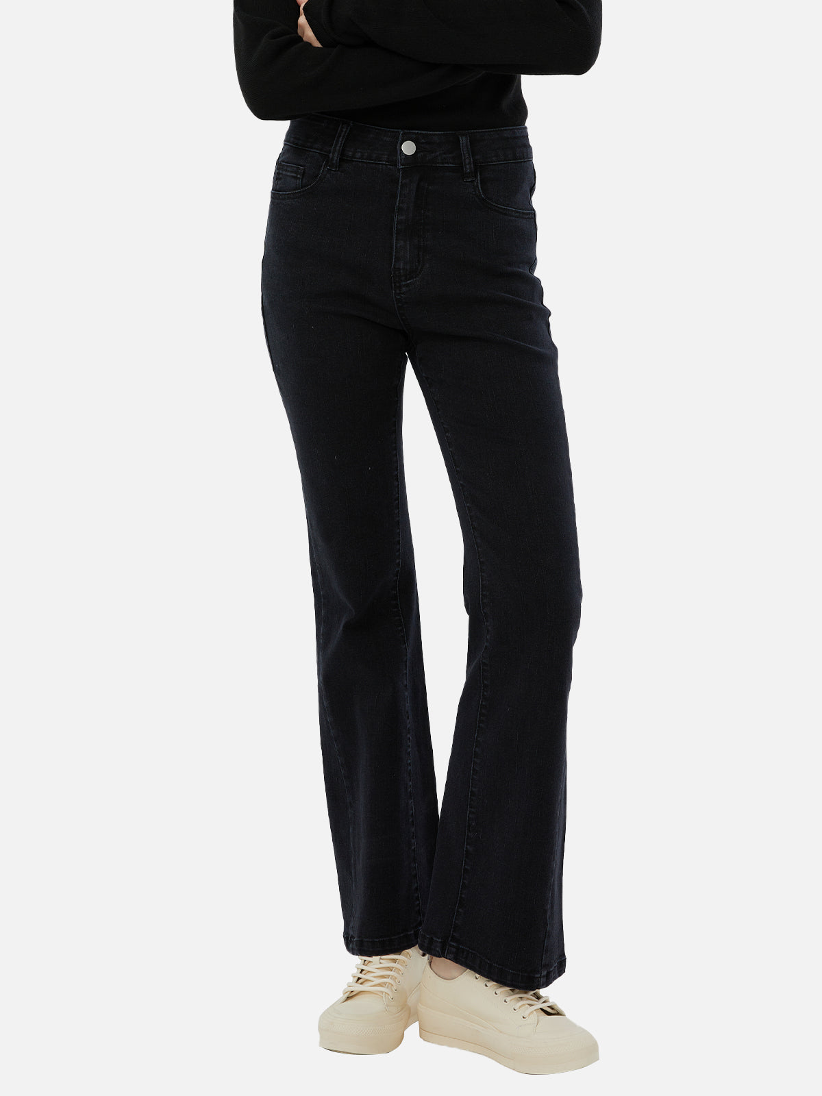 stylish deep gray high-waisted flared denim pants 