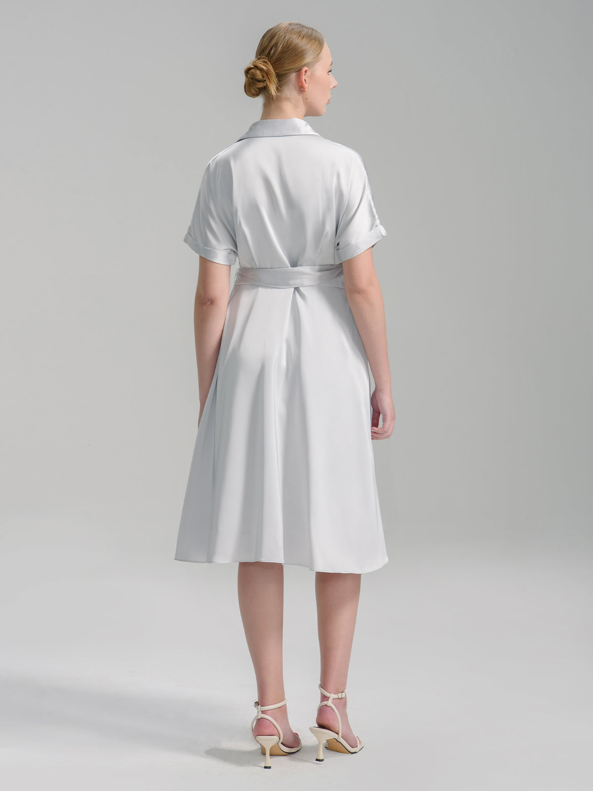 S·DEER silver wrap dress with clean lines and a sophisticated design, perfect for business or semi-formal gatherings