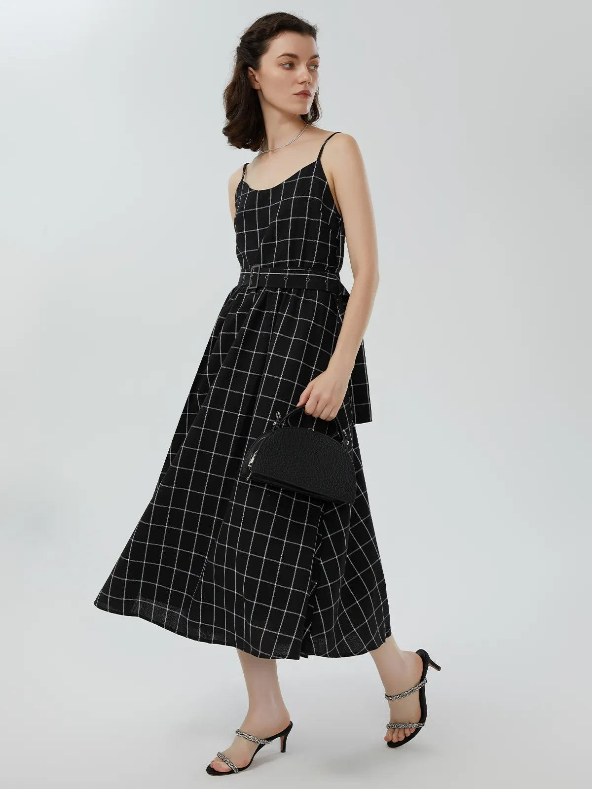 V-neck Plaid Spaghetti Dress