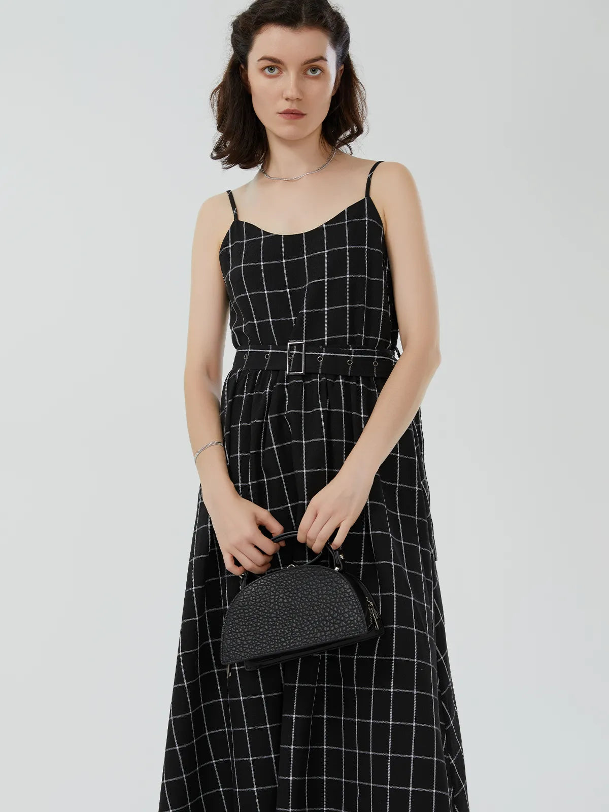 V-neck Plaid Spaghetti Dress