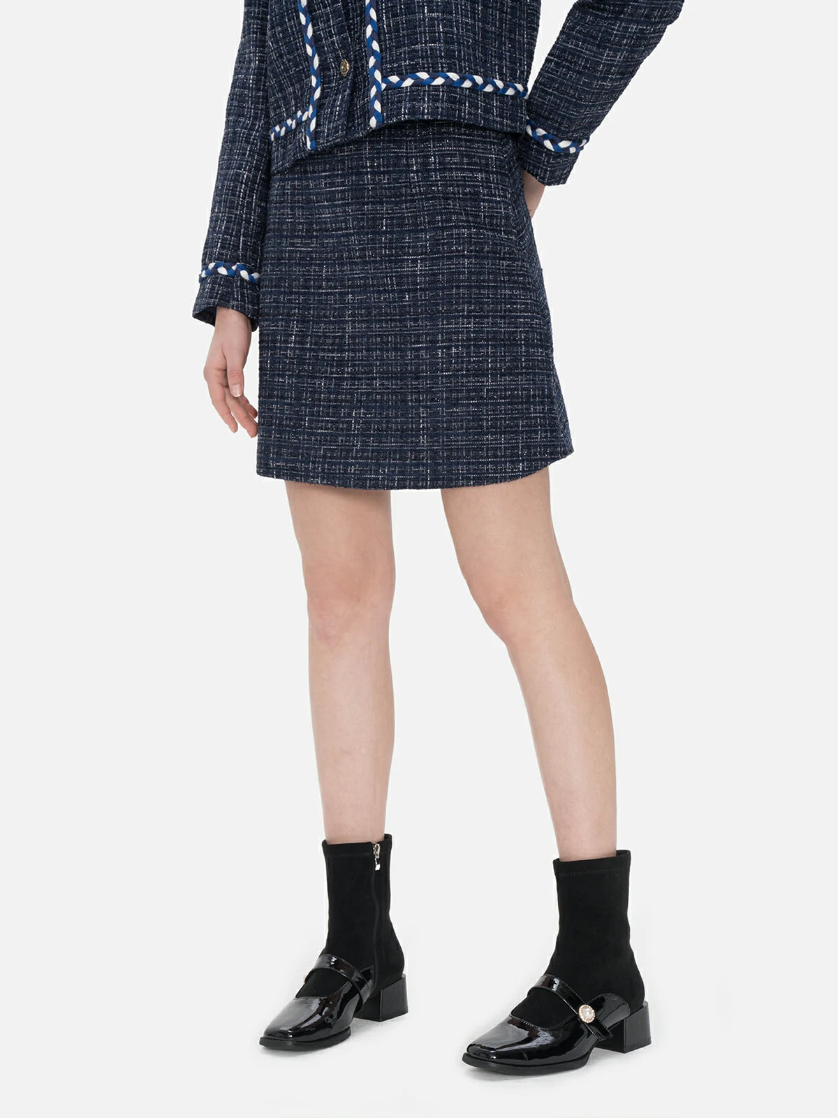 Elegant tweed mini a-line skirt in blue