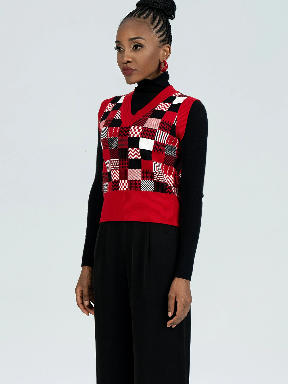 Stylish loose-knit Christmas vest with individual checkered squares