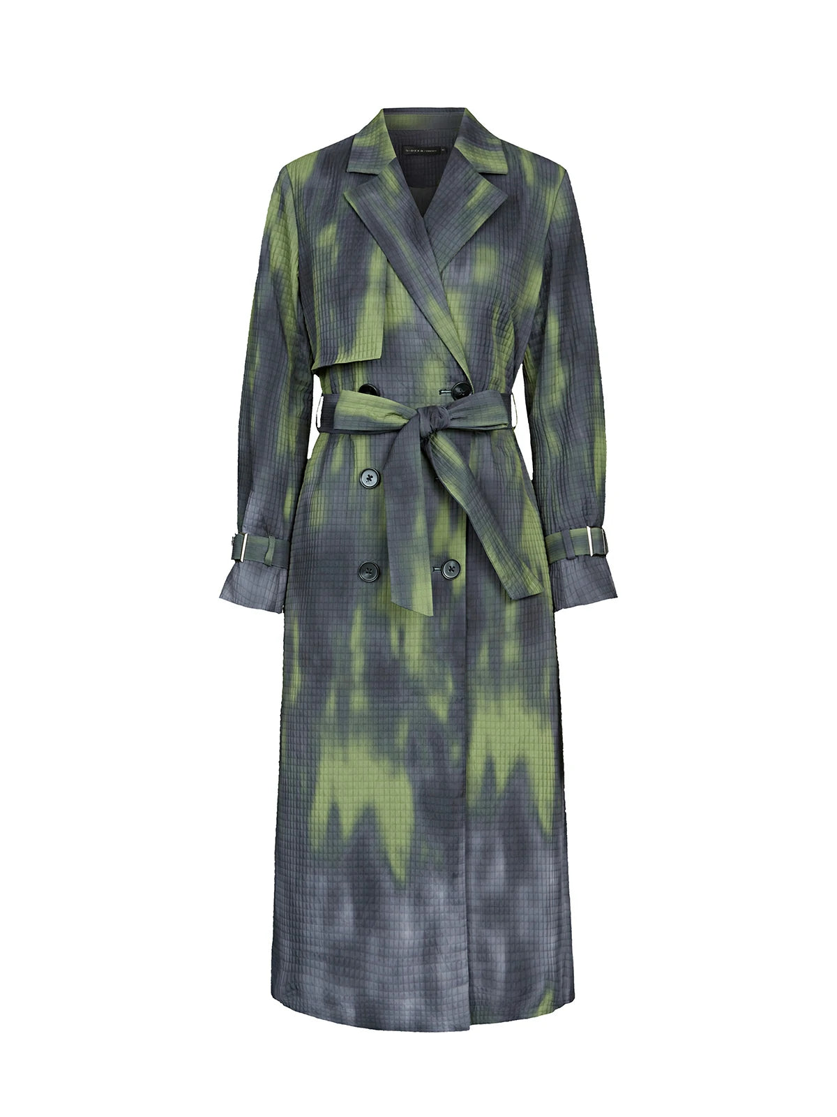 Flaunt your individuality with this gray and green trench coat, boasting irregular prints that create an artistic and stylish flair.