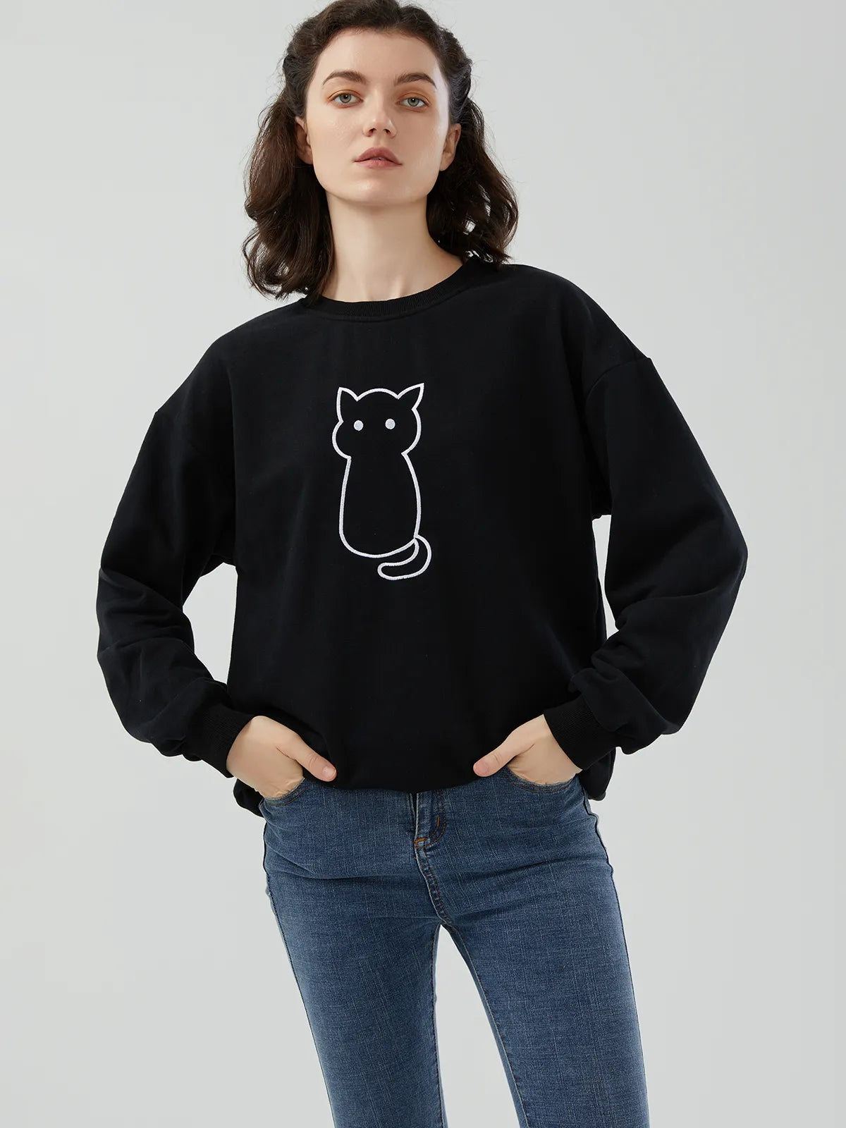 Loses Sweatshirt mit Katzenmuster 