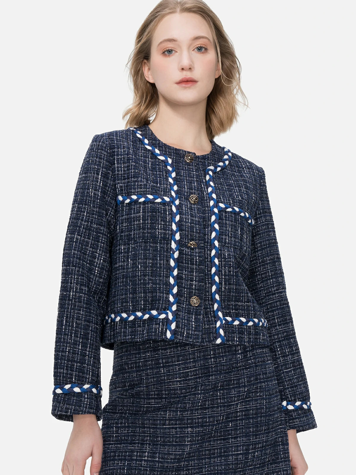 Elevate your style with this classic and elegant navy blue plaid jacket featuring camellia-shaped buttons, a tailored design.