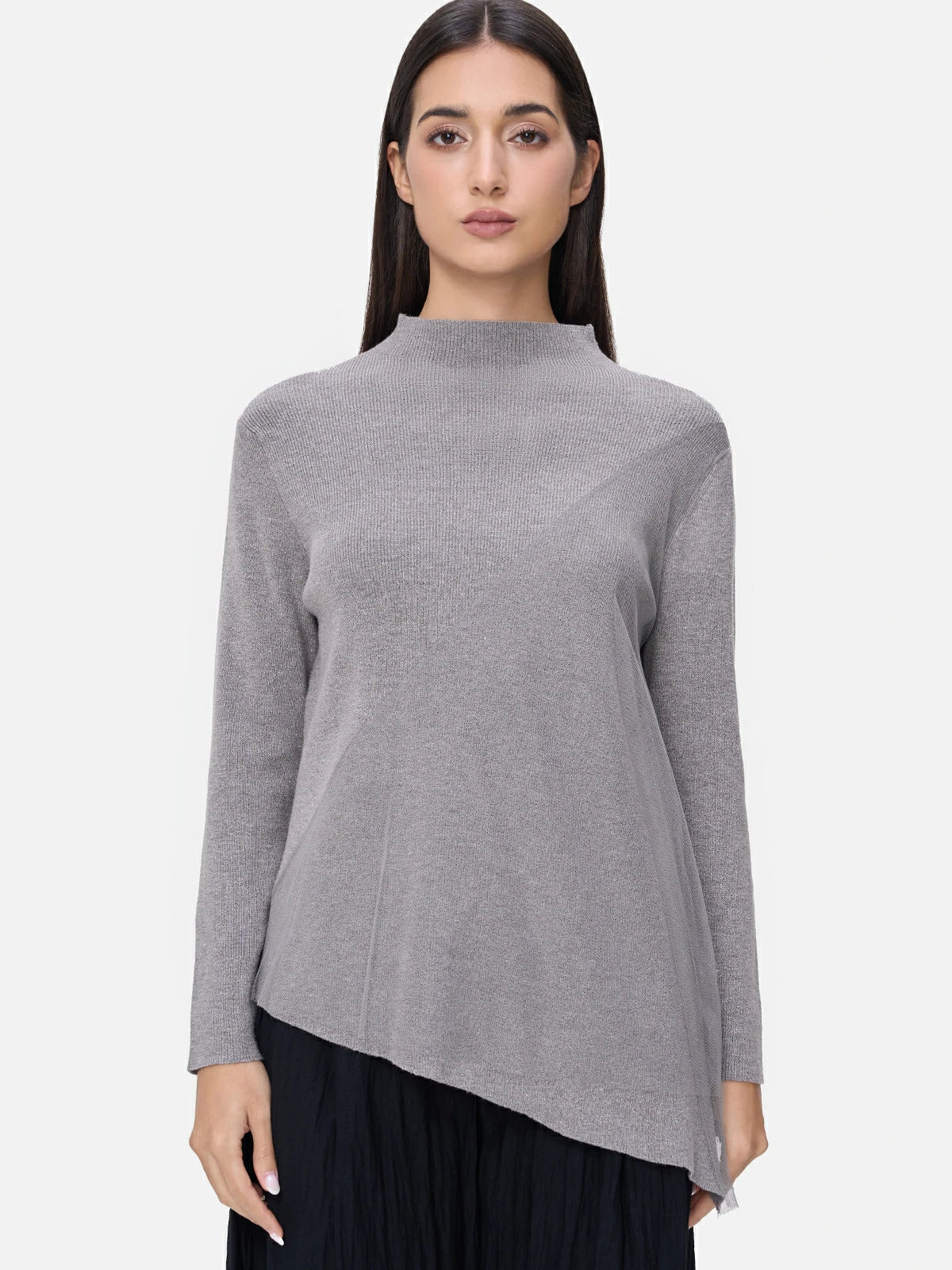 Fashionable gray semi-turtleneck sweater with asymmetric design and lace mesh, creating a unique look.