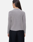 Uniquely designed gray semi-turtleneck sweater with asymmetric hem and stylish lace mesh