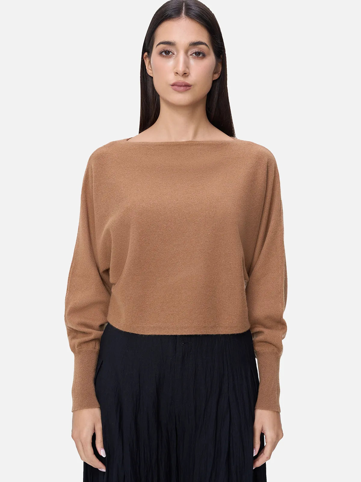 Chic Short-Length Batwing Sleeve Cashmere Sweater in Solid Color.
