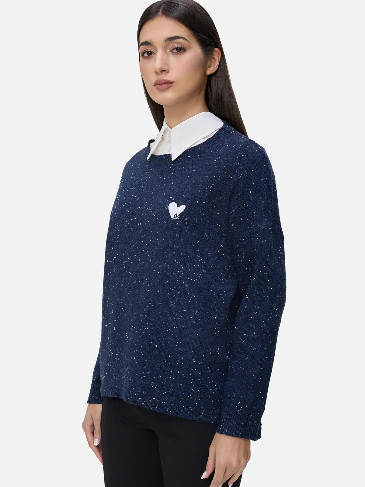 Elevate your casual wardrobe with this adorable navy sweater set, featuring a heart-shaped print on the navy sweater for a touch of sweetness and a tailored fit for casual elegance.