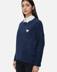 Elevate your casual wardrobe with this adorable navy sweater set, featuring a heart-shaped print on the navy sweater for a touch of sweetness and a tailored fit for casual elegance.