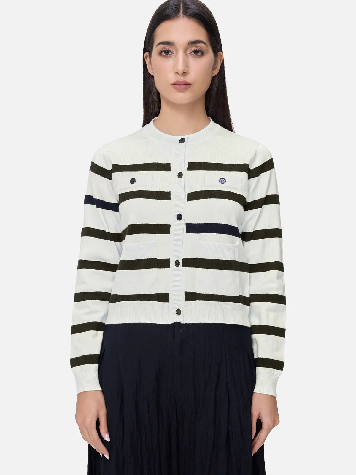 Classic Round Neck Striped Cardigan Sweater