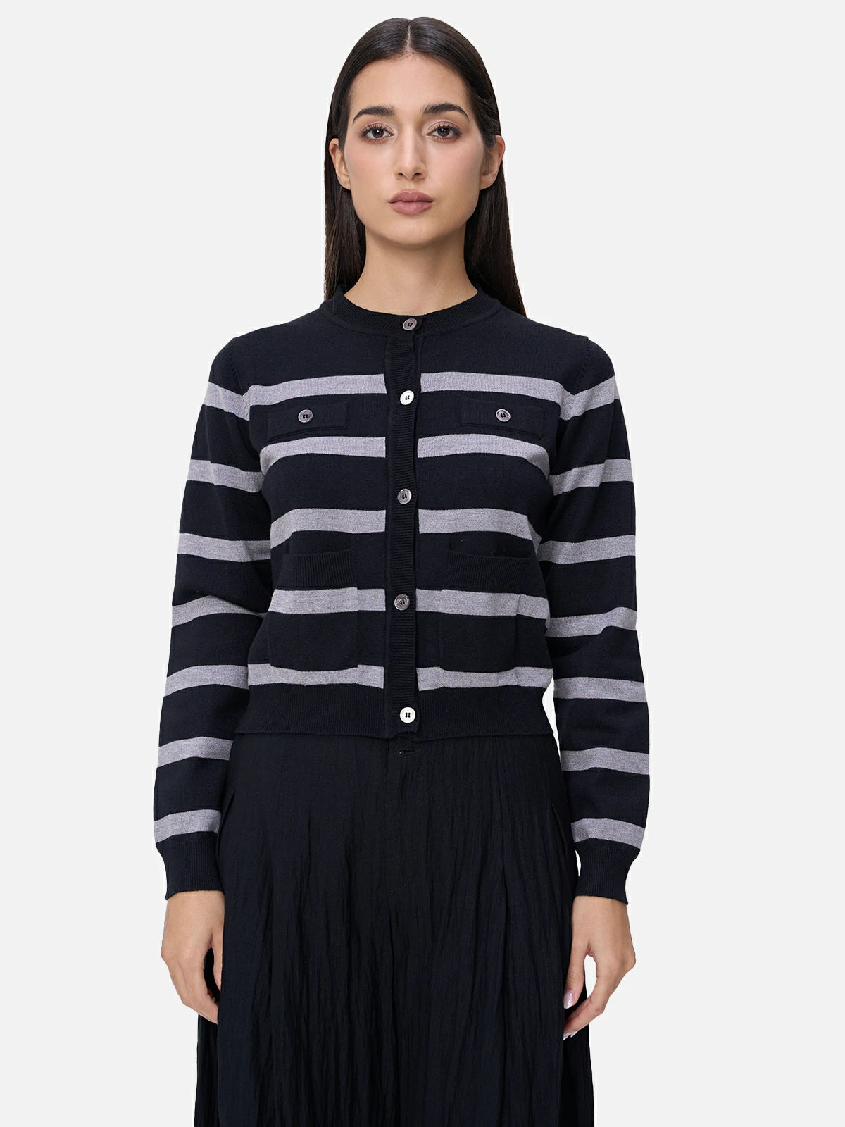 Stylish striped cardigan sweater with a classic round neckline