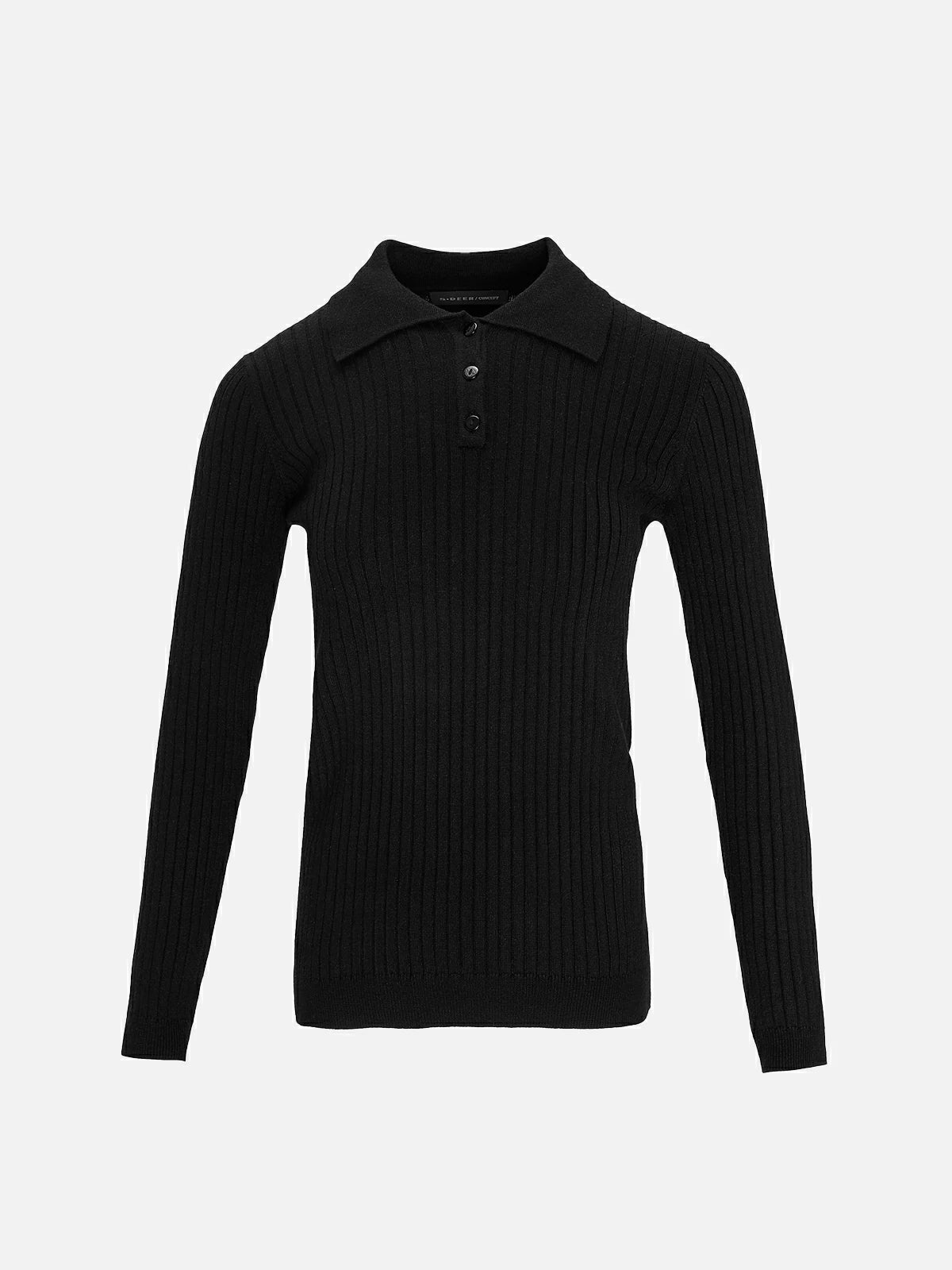 Redefine your knitwear essentials with this black sweater, highlighting a classic polo collar, buttoned front, and slim fit.