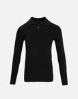 Redefine your knitwear essentials with this black sweater, highlighting a classic polo collar, buttoned front, and slim fit.