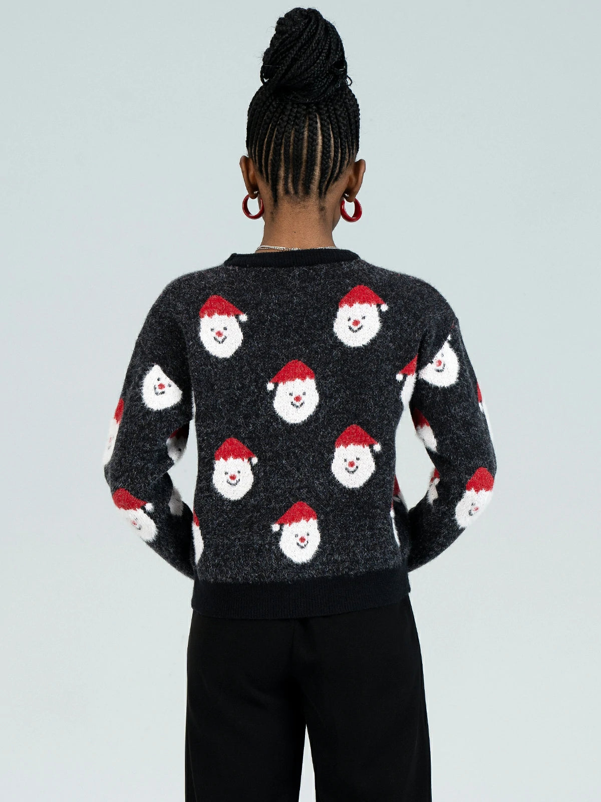 Cozy seahorse fur Santa Claus print sweater in black