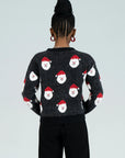 Cozy seahorse fur Santa Claus print sweater in black