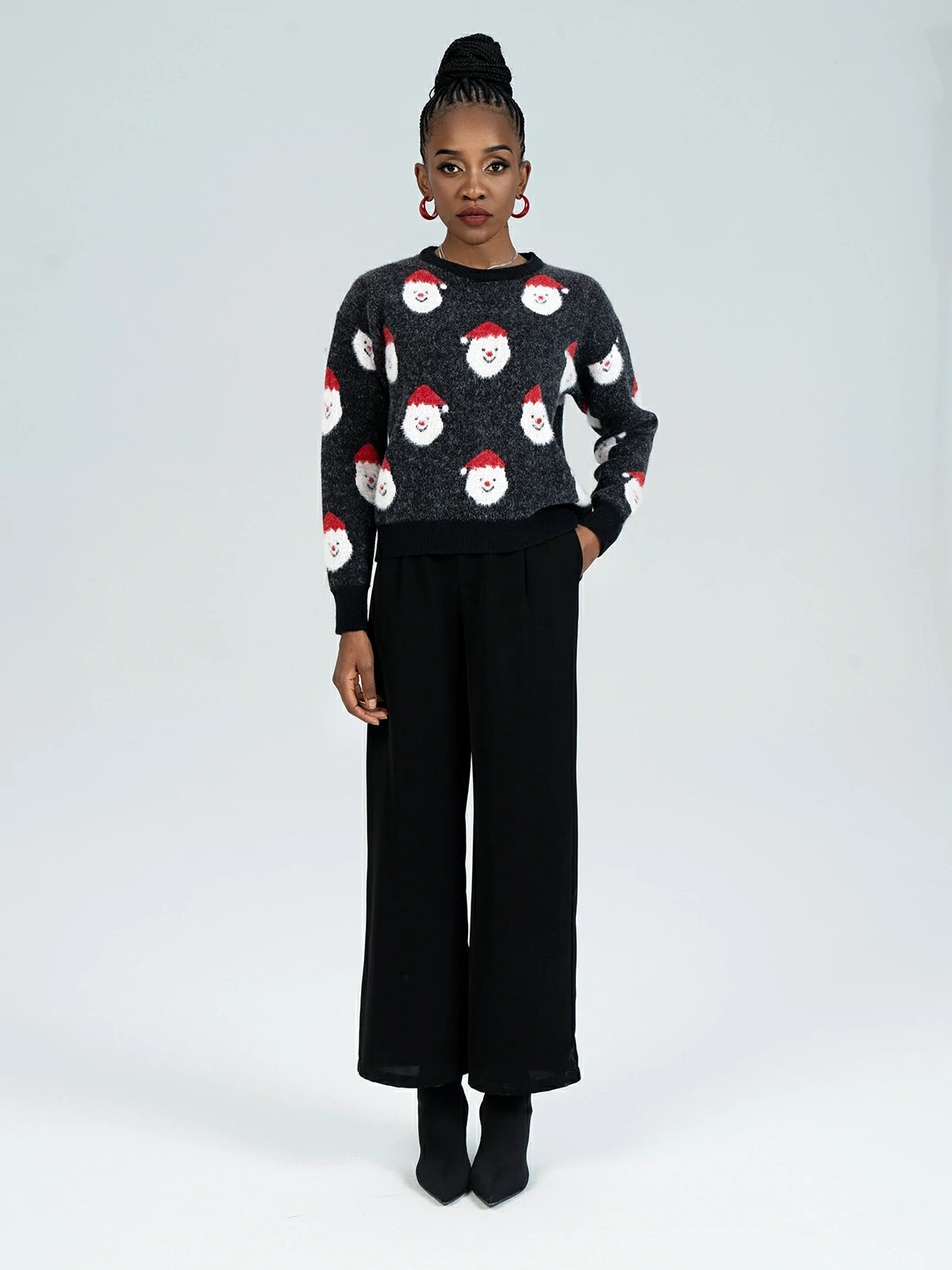 Unique festive design black pullover with Santa Claus print