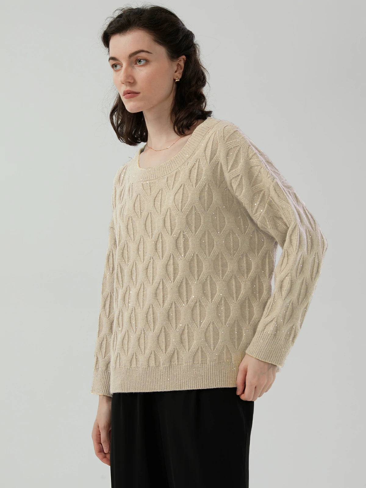 Beige Textured sequin round-neck sweaters in winter fashion