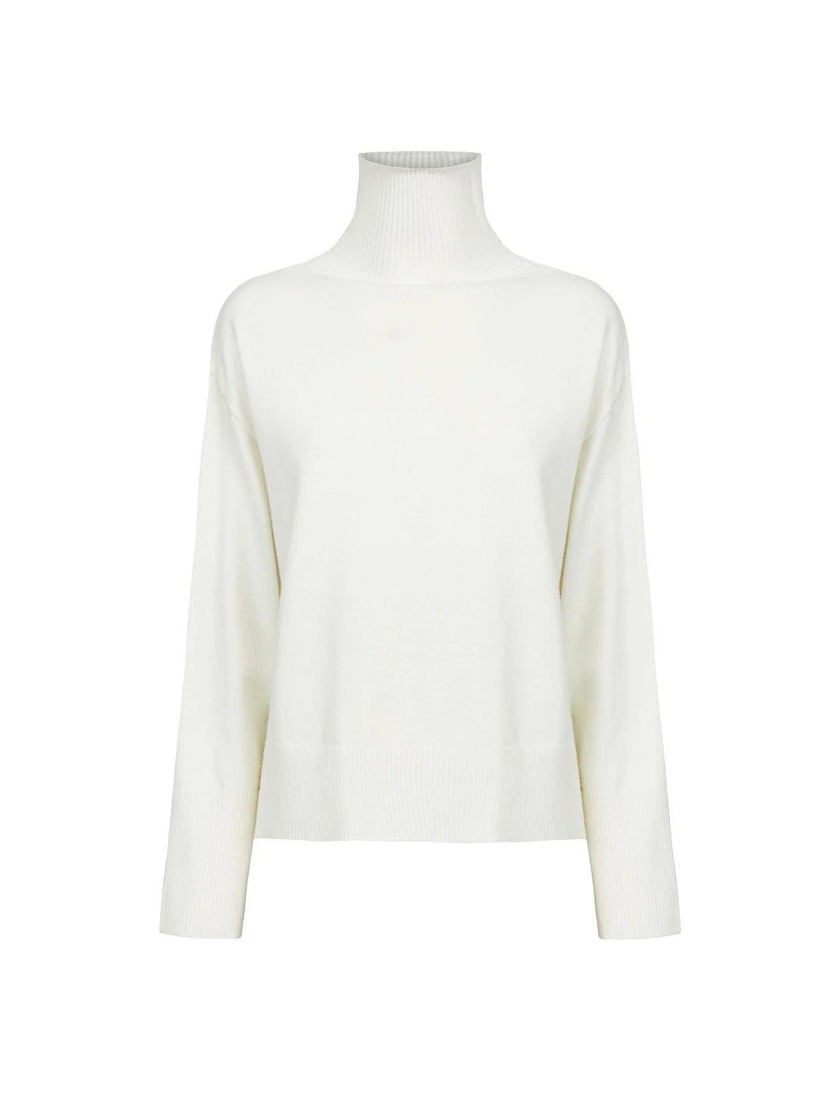 Stylish White Knitted Turtleneck with Understated Ribbed Appeal