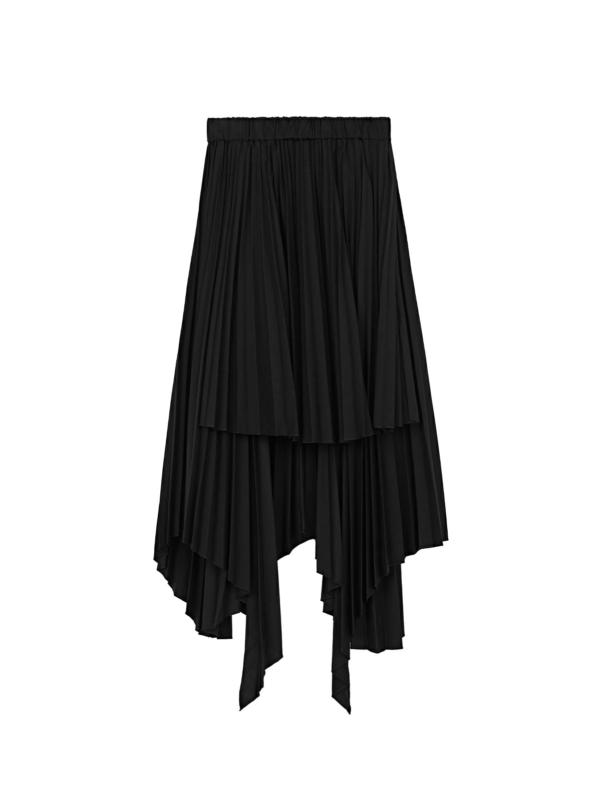 Black irregular-cut pleated midi skirt, stylish and chic