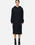 Versatile Mid-Length Dress: Elevate your wardrobe with this versatile black hooded mid-length sweatshirt dress.