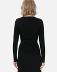 Discover the perfect fusion of fashion and elegance in this black knit midi dress featuring a cross V-neck design, versatile occasion wear.