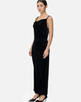 Luxurious and sophisticated velvet spaghetti strap maxi dress with irregular V-neck design, featuring a fluid layered effect