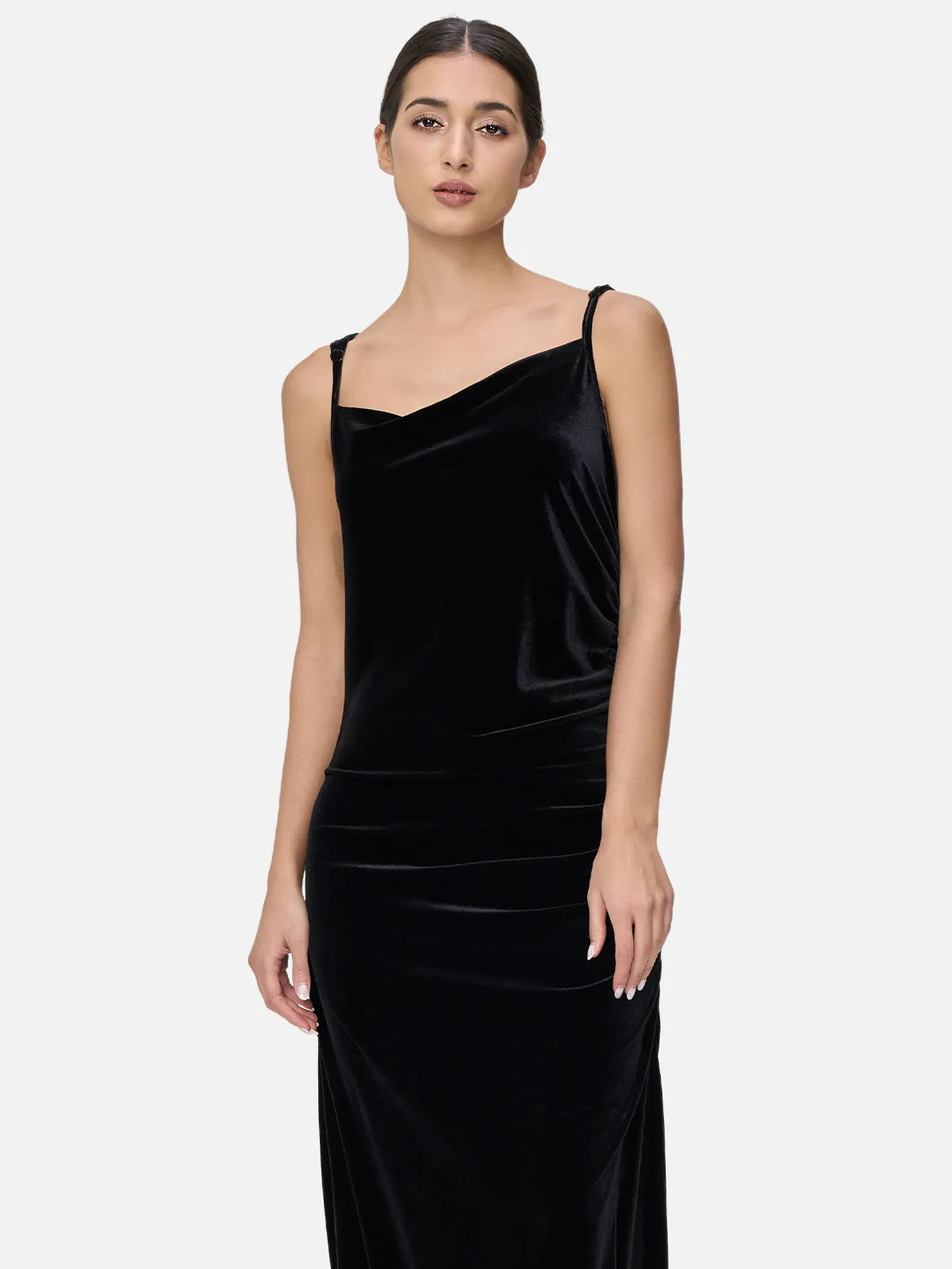 Comfortable wearing experience with a velvet spaghetti strap maxi dress featuring an irregular V-neck and pleated detailing