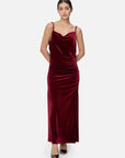 Fashionable and romantic women's clothing with irregular V-neck design and pleated detailing in a velvet spaghetti strap maxi dress