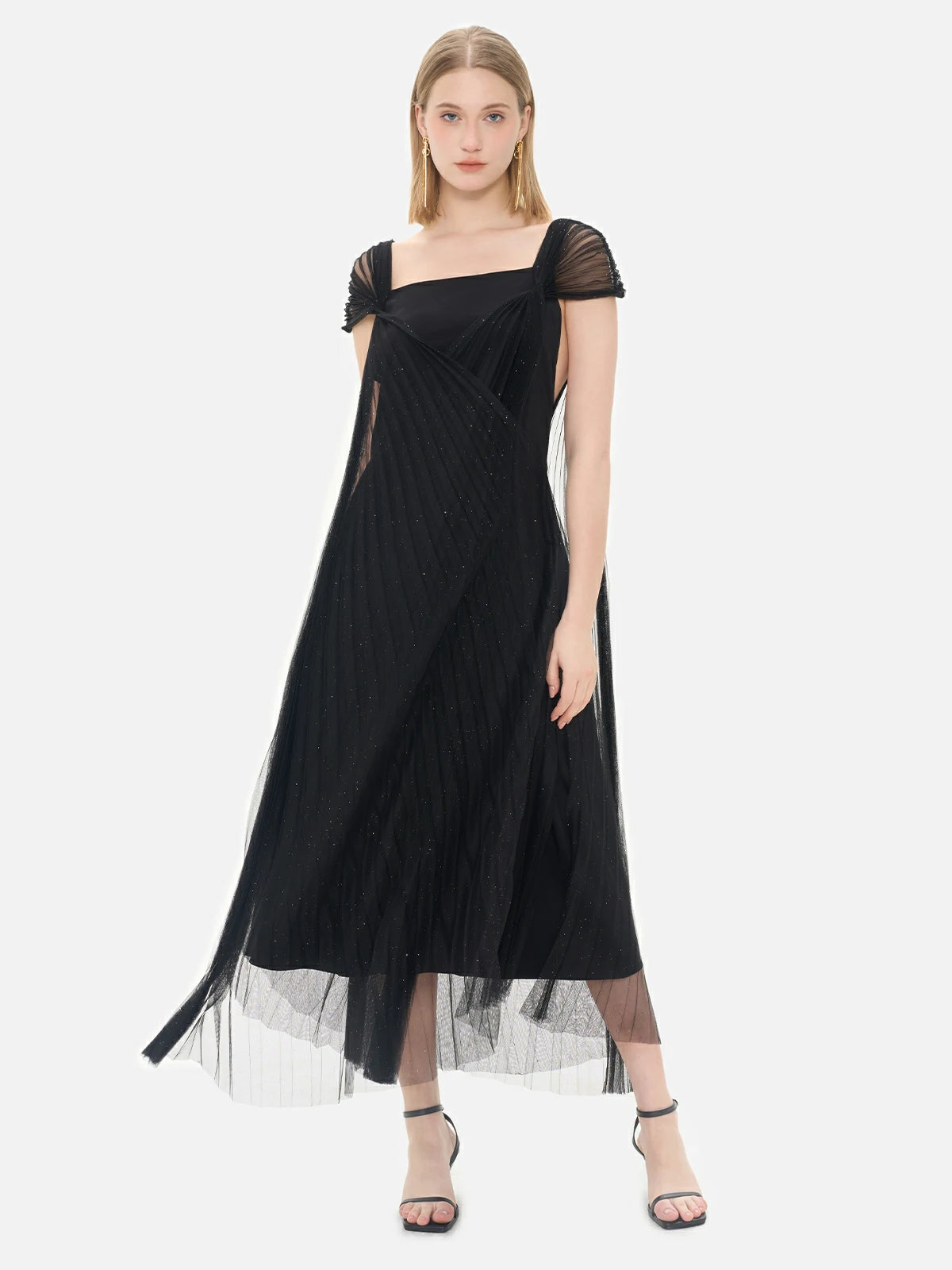 Elegant black dress with crisscross pleated mesh, cap sleeves, and sparkling sequins, perfect for a glamorous evening event.