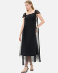 Formal black gown featuring a unique crisscross pleated mesh design, cap sleeves, and intricate sequin embellishments for a luxurious look.