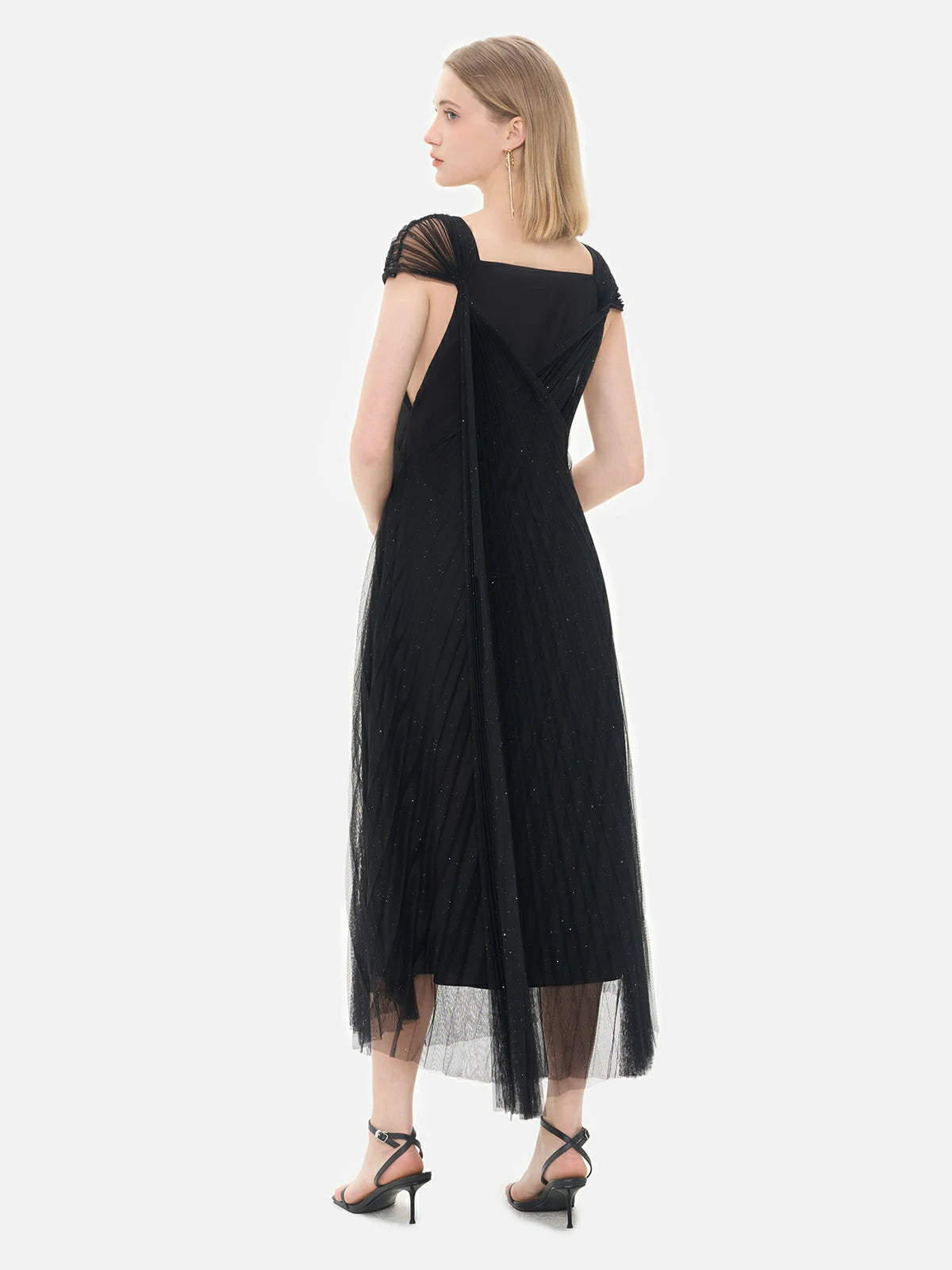 Classic black dress with a stylish twist - crisscross pleated mesh, cap sleeves, and shimmering sequins, ideal for special occasions.