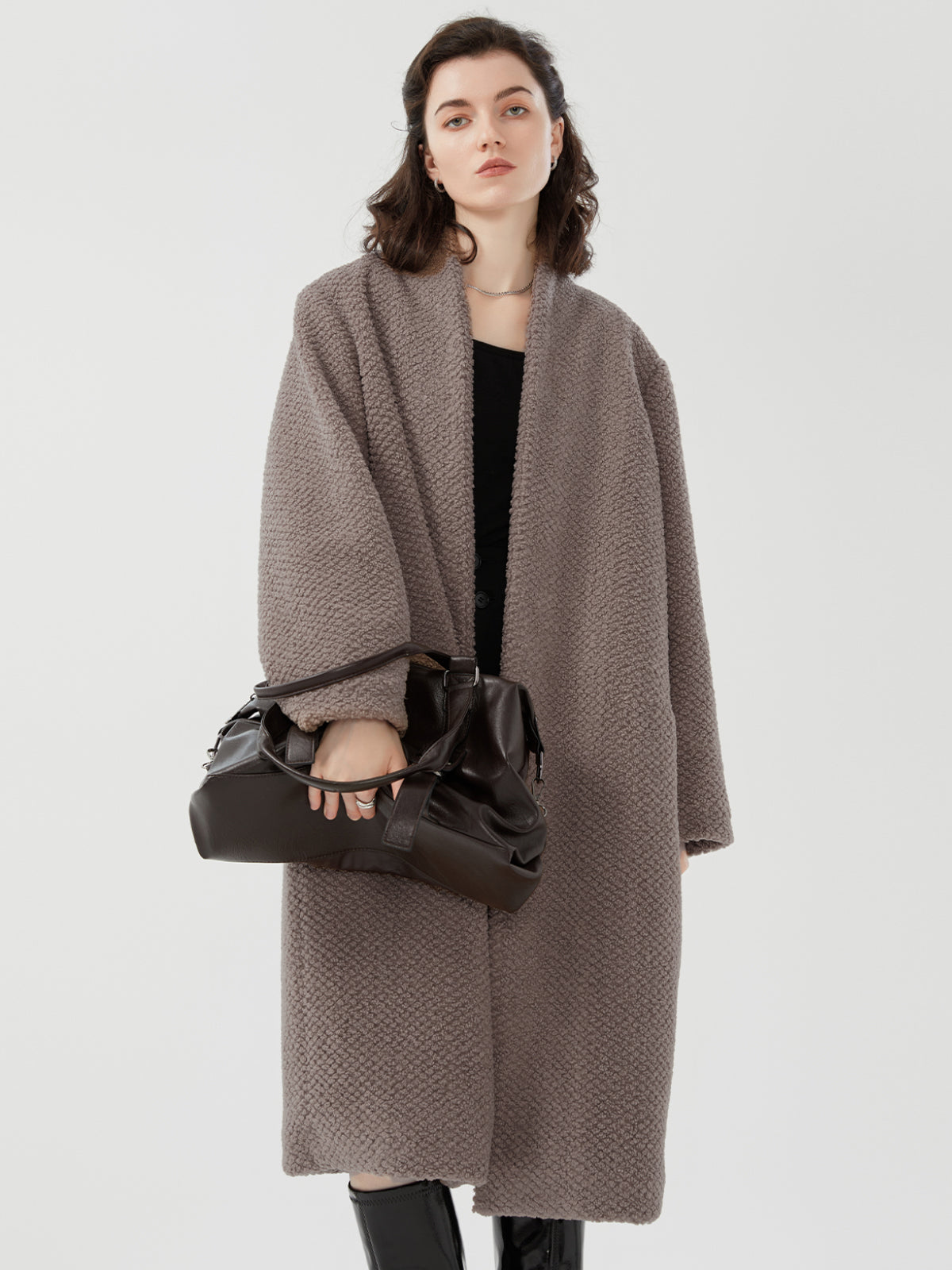 Faux Shearling Open Front Long Coat