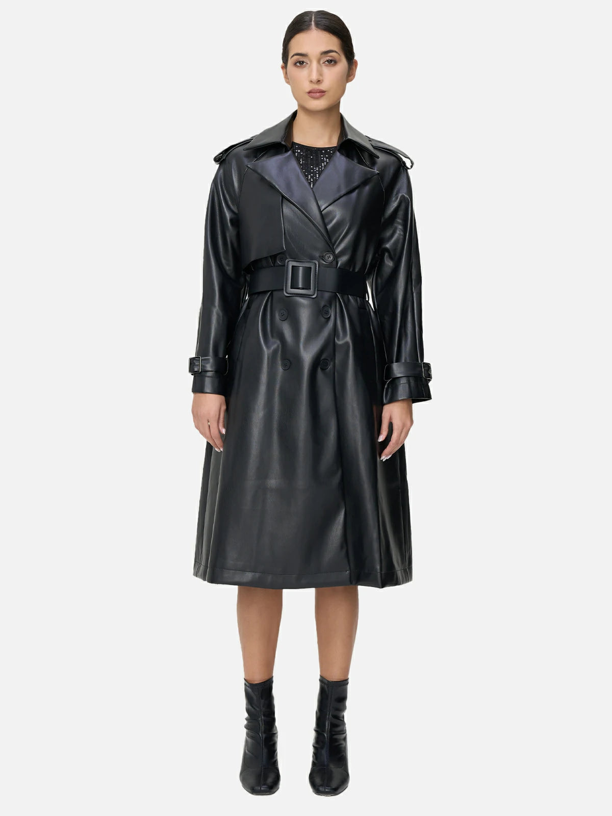 Classic Black Leather Coat: Elevate your style with our classic long black leather coat.