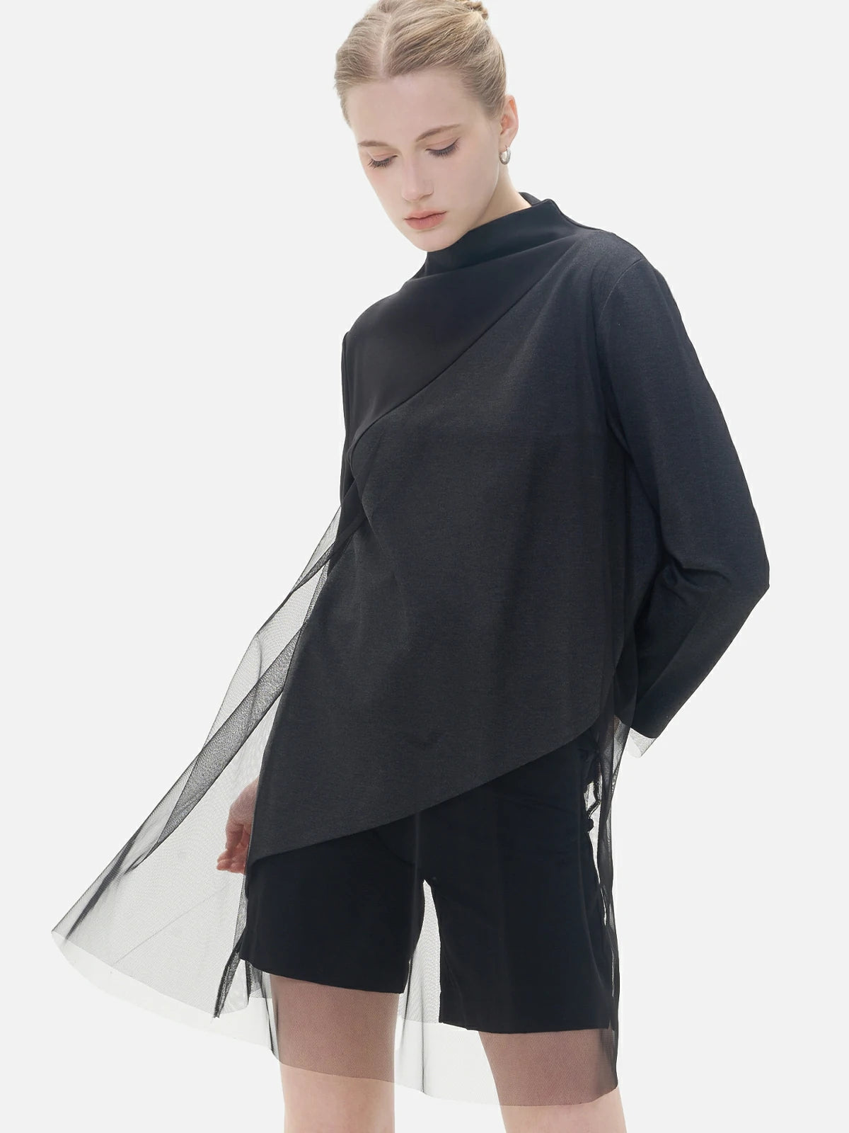 Irregular hem with mesh splice design, fashionable long women&#39;s top
