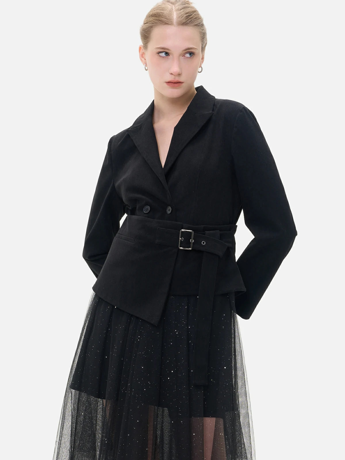 Professional women's fashion ensemble, combining a classic double-breasted suit with a detachable waist belt and an elegantly attached mesh skirt.