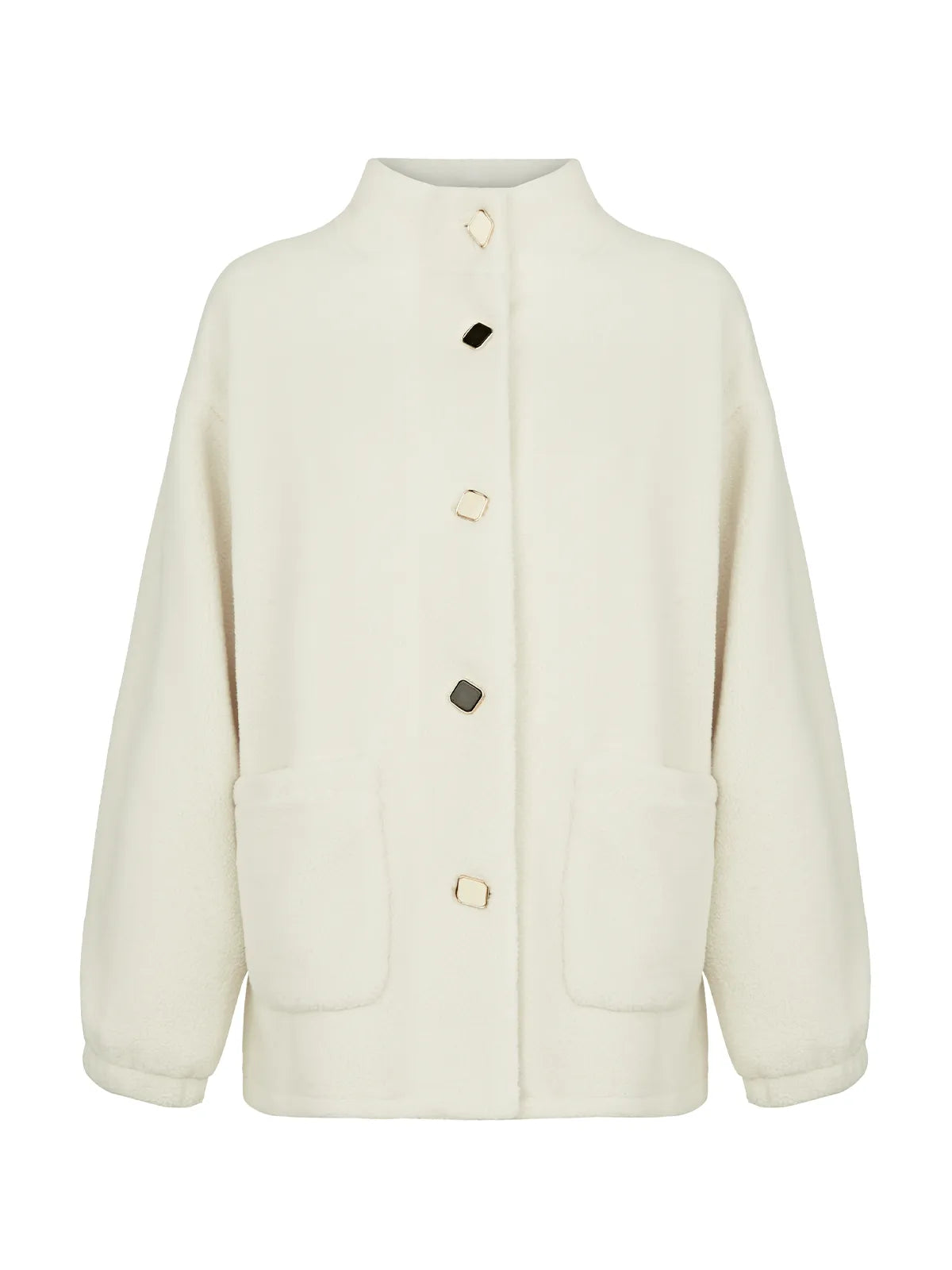 Achieve contemporary elegance with this beige fleece jacket, adorned with button detailing, offering a stylish and modern outerwear option.