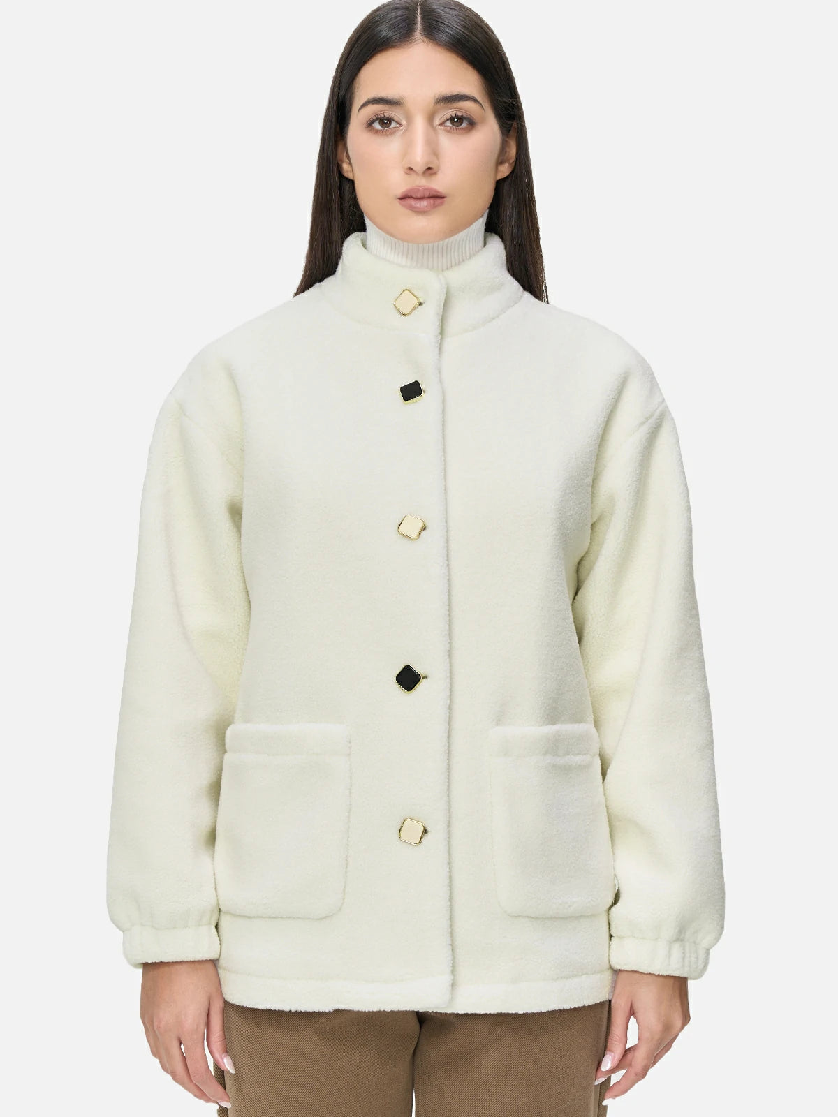 Elegant Beige Fleece Jacket with Stand-up Collar for Versatile Style