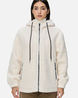 Chic Beige Fleece Hooded Jacket with Symmetrical Zippered Pockets