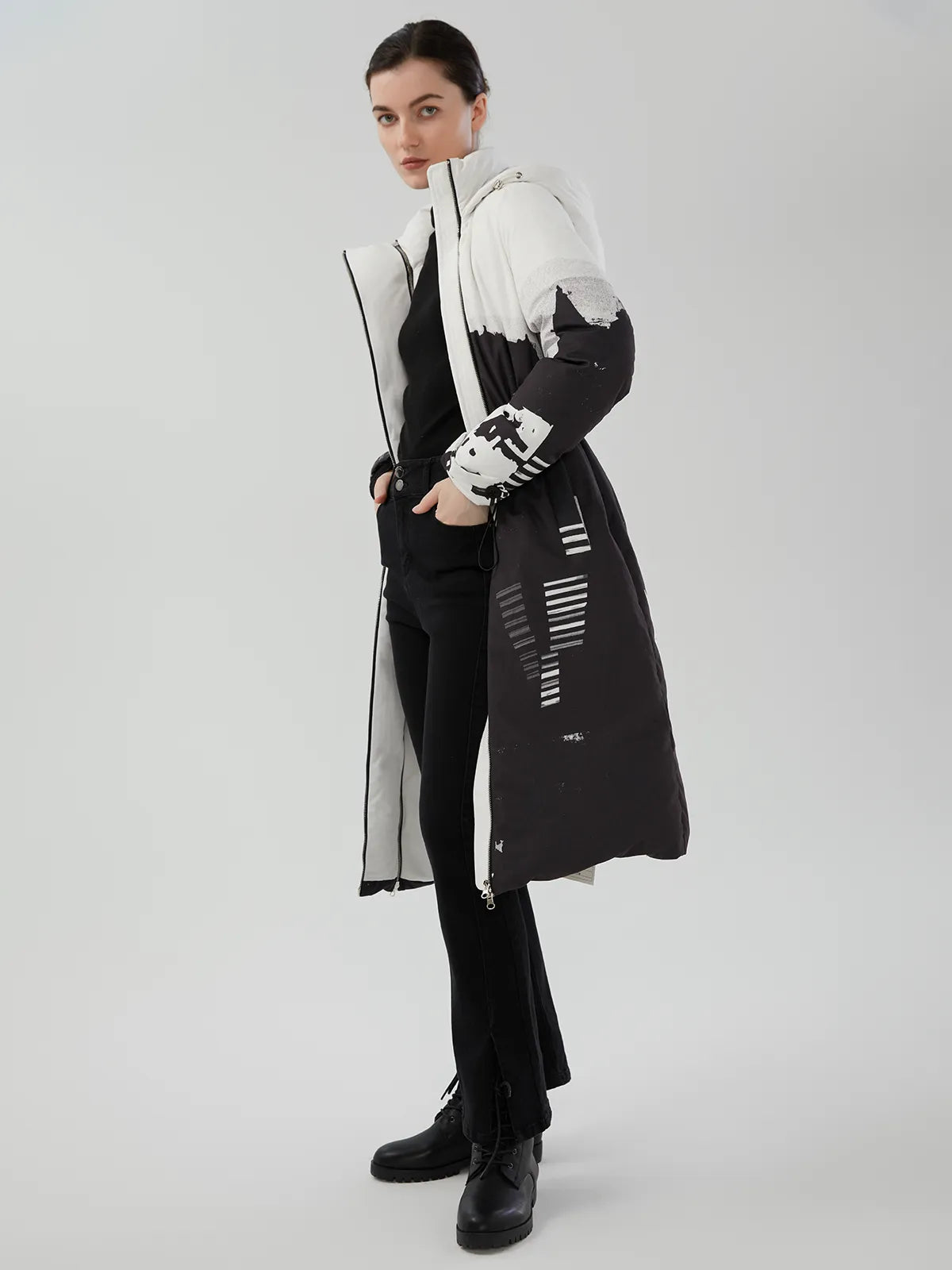 Chic Knee-Length Down Coat with Detachable Zipper Feature
