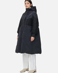 Stylish patchwork long down coat with adjustable waist
