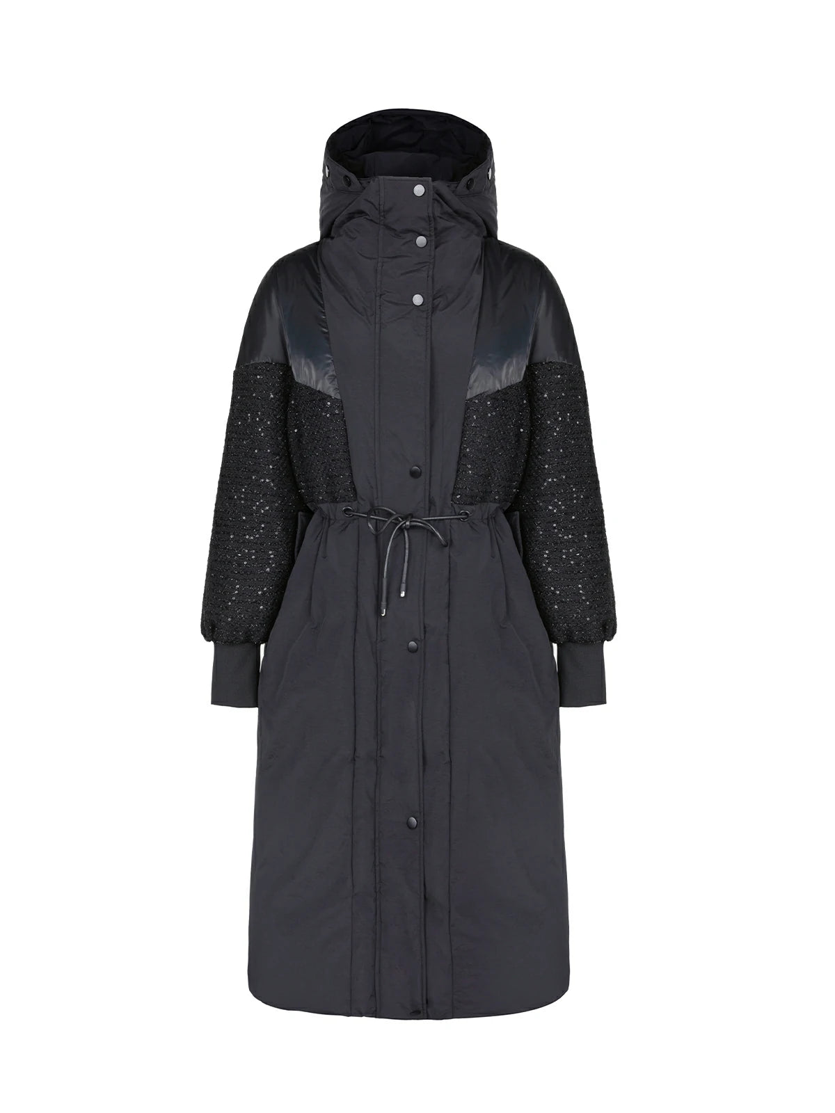 Sequin-embellished long down jacket with adjustable fit